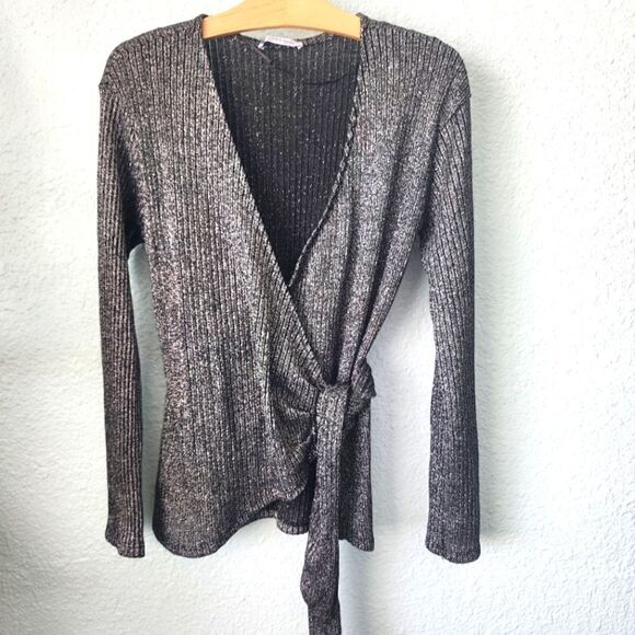 Zara true wrap metallic long sleeve ribbed knit cardigan style blouse - Picture 2 of 16